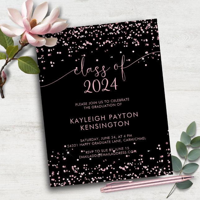 BUDGET Festa de formatura brilhante preto (BUDGET Black Blush Pink Glitter Graduation Party Invitation)