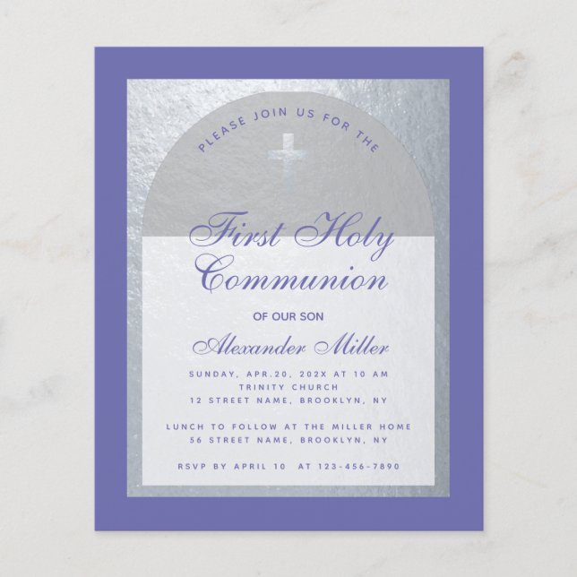 Budget First Communion Silver Violet Invitation (Frente)