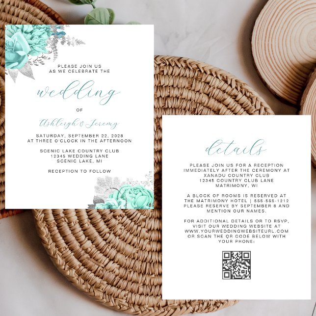 Budget Floral Aqua Silver QR Code Wedding Invite (Criador carregado)
