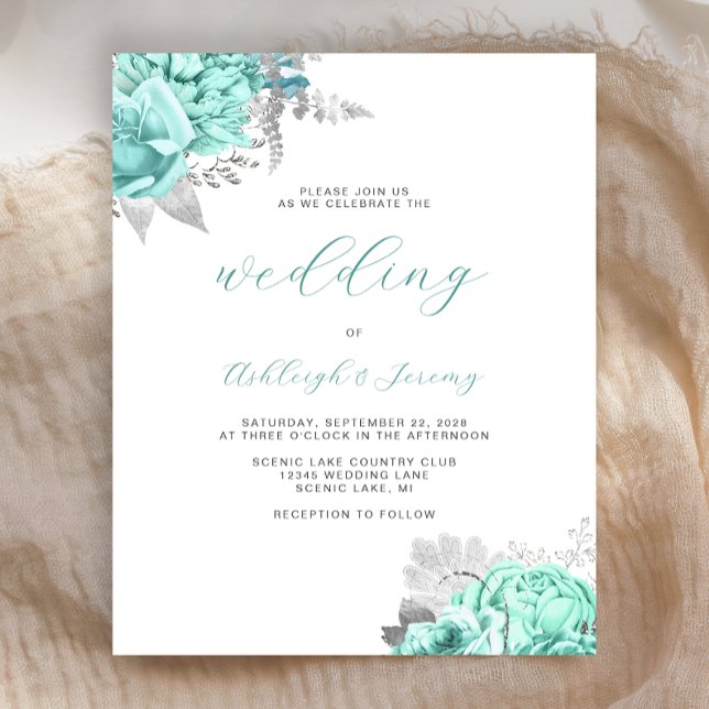 Budget Floral Aqua Silver Script Wedding Invite (Criador carregado)