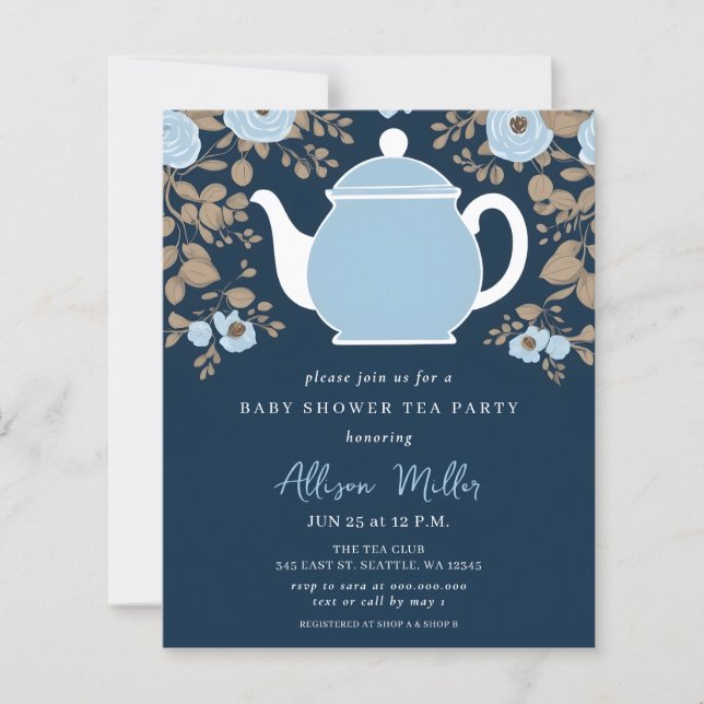 Budget Floral Blue Tea Party Boy Baby Shower Invit (Frente)