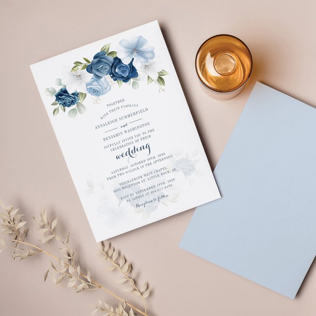 Budget Floral Dusty Blue Botanical Wedding Invite (Criador carregado)