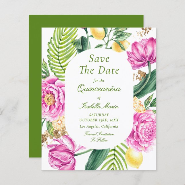 Budget Floral Quinceañera Save The Dates (Frente/Verso)