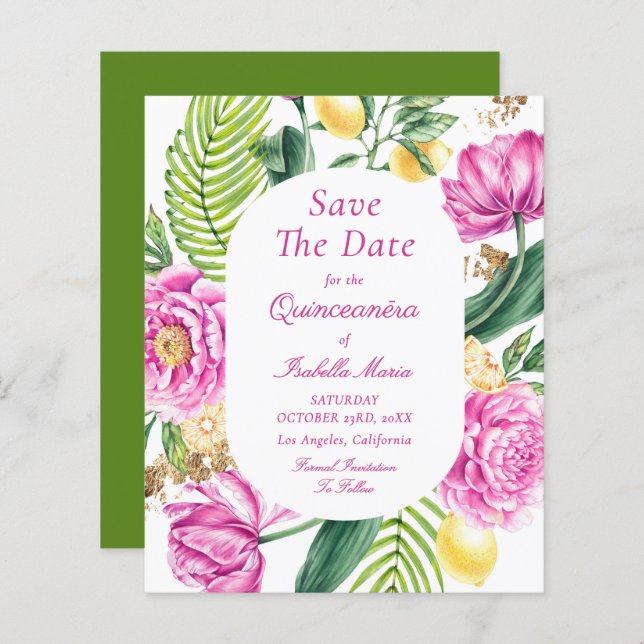 Budget Floral Quinceañera Save The Dates (Frente/Verso)