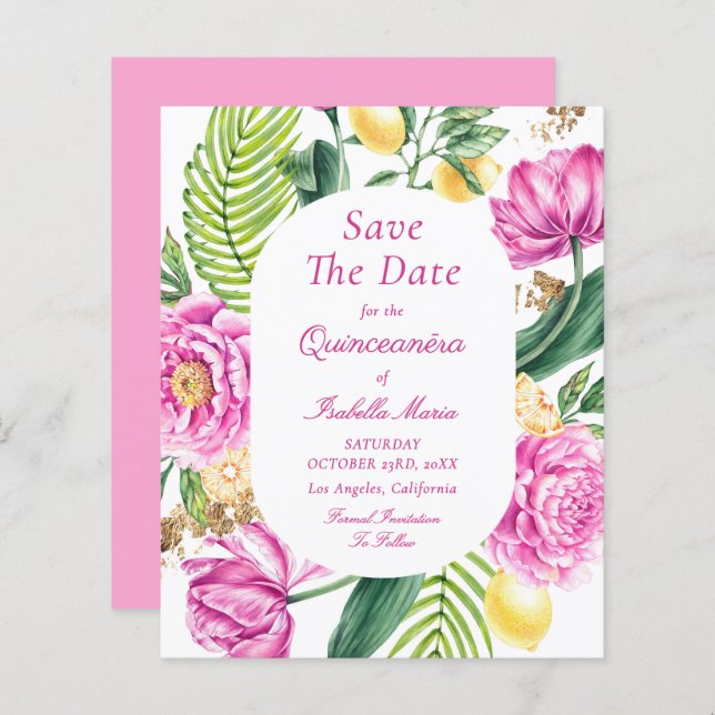 Budget Floral Quinceañera Save The Dates (Frente/Verso)