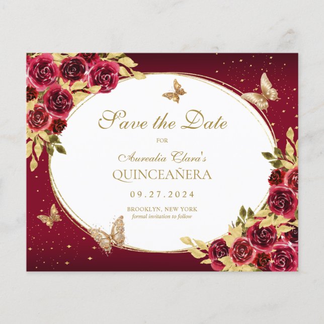 BUDGET Floral Red Dourada Borboleta Quinceanera (Frente)
