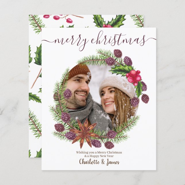 BUDGET Foto personalizada de Natal Holly Wreath (Frente/Verso)