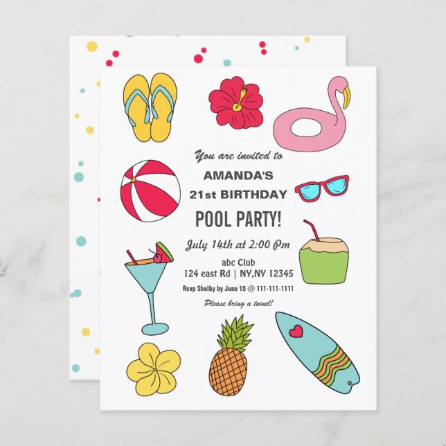 Budget Fun Summer Pool Party Birthday Invitation (Frente/Verso)