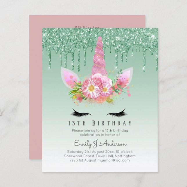 BUDGET Glitter Rosa Unicorn Raparigas Aniversário  (Frente/Verso)