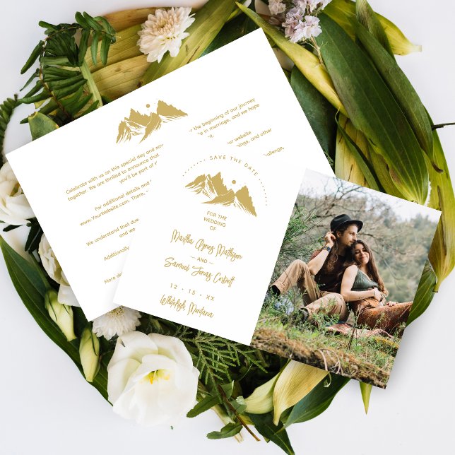 Budget Gold Effect Boho Rustic Mountains Photo (Budget Inexpensive Faux Gold Effect Boho Rustic Mountains Photo Wedding Save the Date with Envelope.)