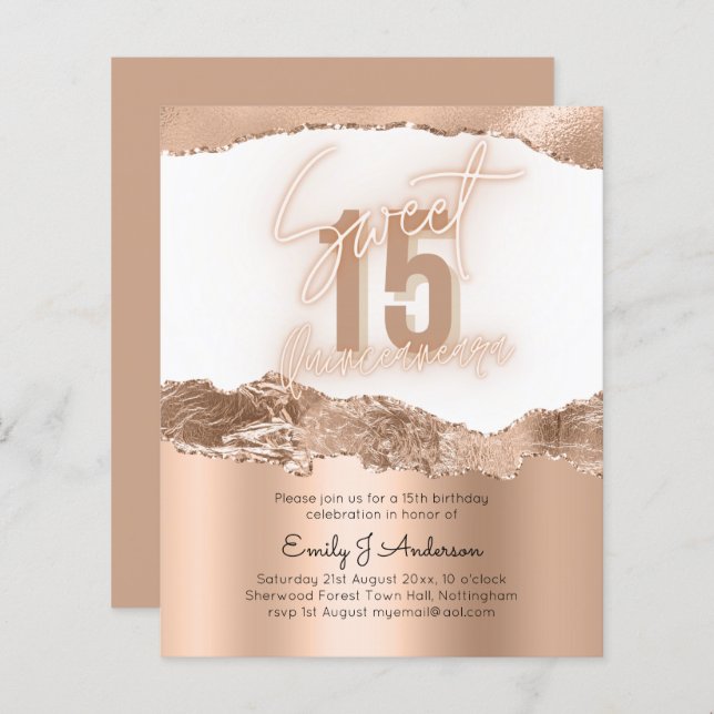 BUDGET Gold Foil Glitter Quinceanera 15 Aniversári (Frente/Verso)