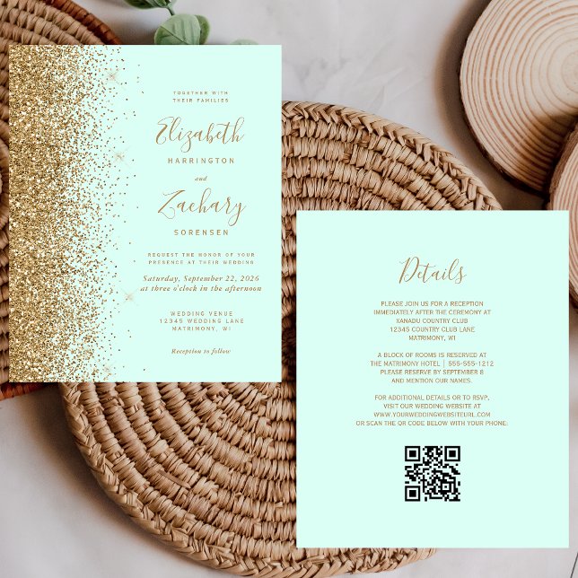 Budget Gold Glitter Mint Green QR Code Wedding (Criador carregado)