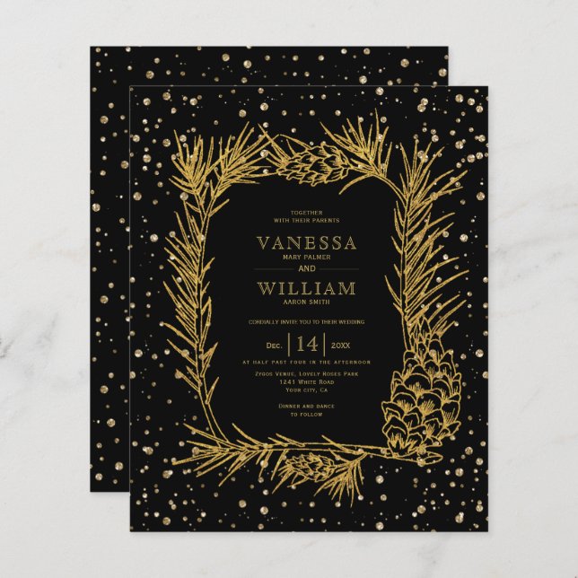BUDGET Gold glitter pine black wedding invitation (Frente/Verso)