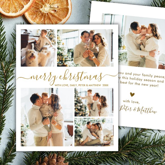 Budget Gold white 5 Photo Collage Christmas Card (Criador carregado)