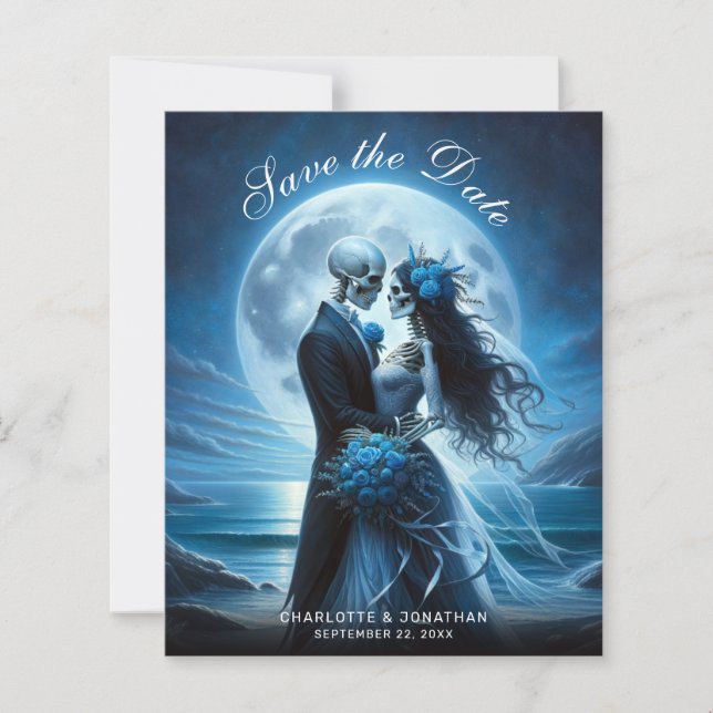 Budget Gothic Blue Skeletons Wedding Save the Date (Frente)