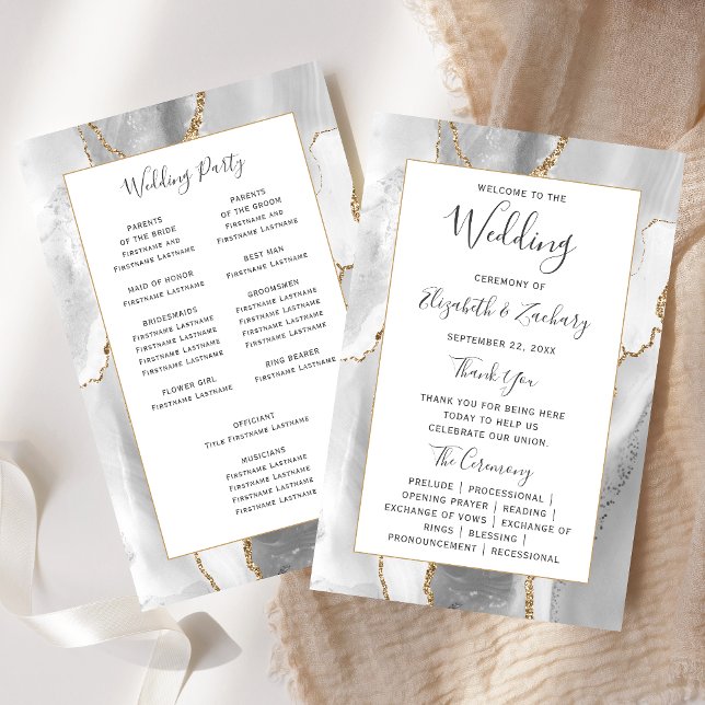 Budget Gray White Gold Agate Wedding Program (Criador carregado)