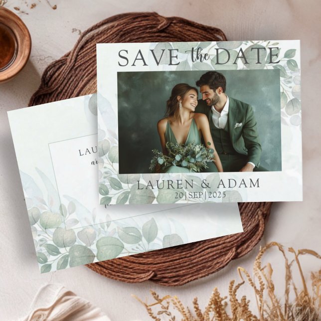 Budget Green Eucalyptus Wedding Save the Date  (Criador carregado)