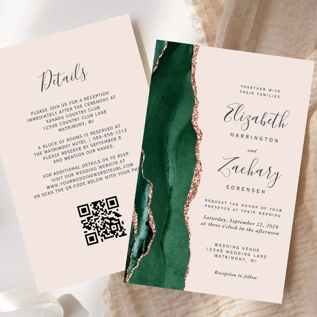Budget Green Rose Gold Agate Blush QR Code Wedding (Criador carregado)