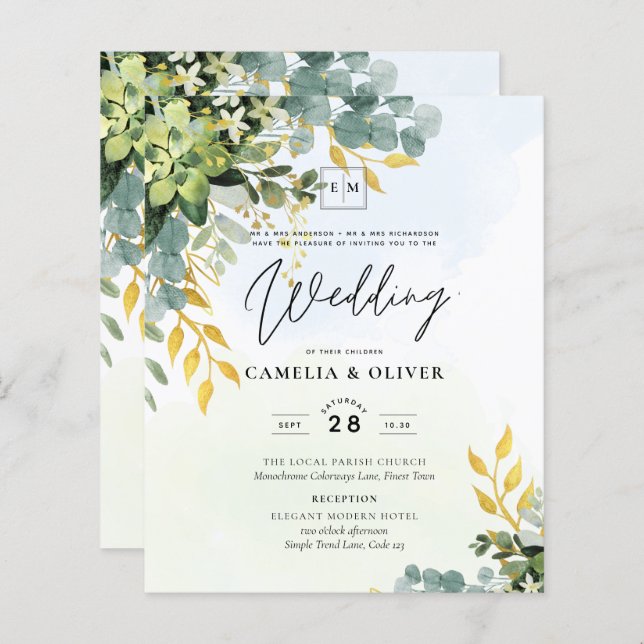 BUDGET Greenery Dourado Eucalyptus deixa casamento (Frente/Verso)