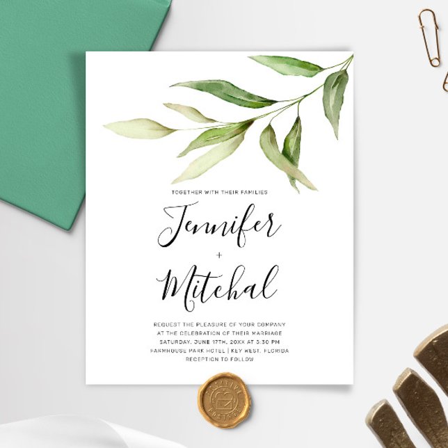 BUDGET Greenery Floral Minimal Wedding Invitation (Criador carregado)