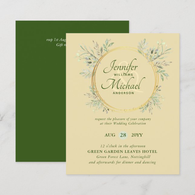 BUDGET Greenery Wreath Verde Convite de casamento  (Frente/Verso)