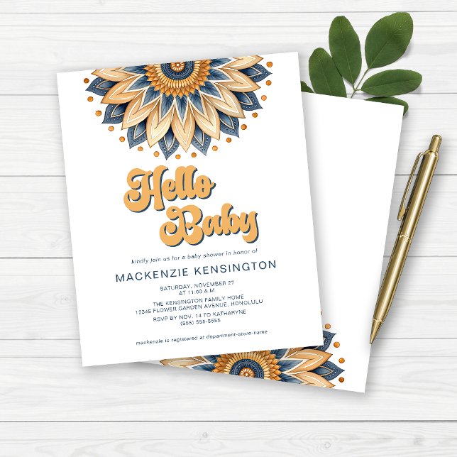 BUDGET Hello Baby Blue Dourado Chá de fraldas (BUDGET Hello Baby Blue and Gold Retro Boho Baby Shower Invitation)