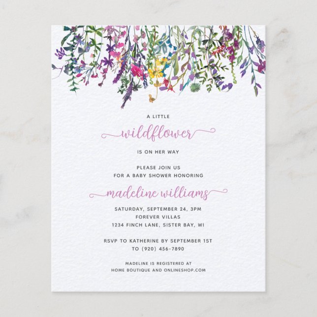 BUDGET Little Wildflower Chá de fraldas Convite (Frente)