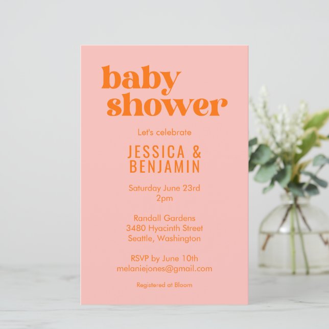 Budget Modern Cute Pink Orange Baby Shower Invite (Em pé/Frente)