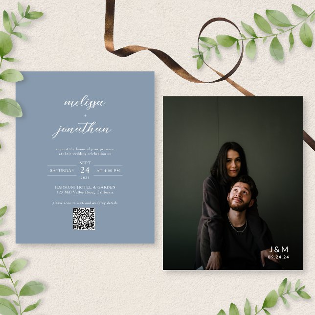 BUDGET Modern Dusty Blue Foto QR Code Casamento (Criador carregado)