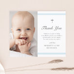 Budget Modern Elegance Boys Baptism Thank You Card<br><div class="desc">The budget modern elegance boys baptism thank you card is modern and clean featuring soft blue stripes and a cross with photo. Grey customizable type allows you to change all of the information on the card to your liking. Perfect for a little boy's baptism.</div>