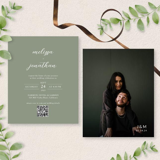 BUDGET Modern Sage Green Photo Code Casamento QR (Criador carregado)