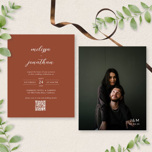 BUDGET Modern Terracotta Foto QR Code Casamento (Criador carregado)