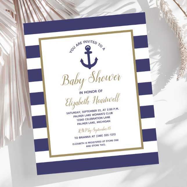 Budget Nautical Navy Blue Boys Baby Shower Invite (Criador carregado)