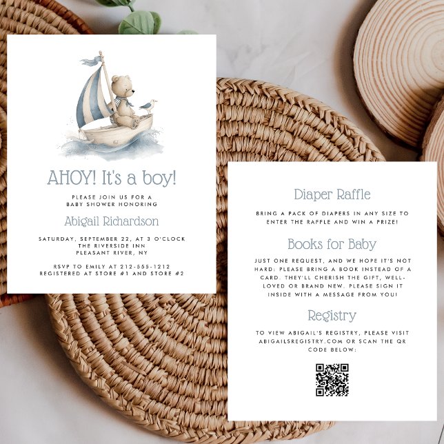 Budget Nautical Teddy Bear QR Code Boy Baby Shower (Criador carregado)