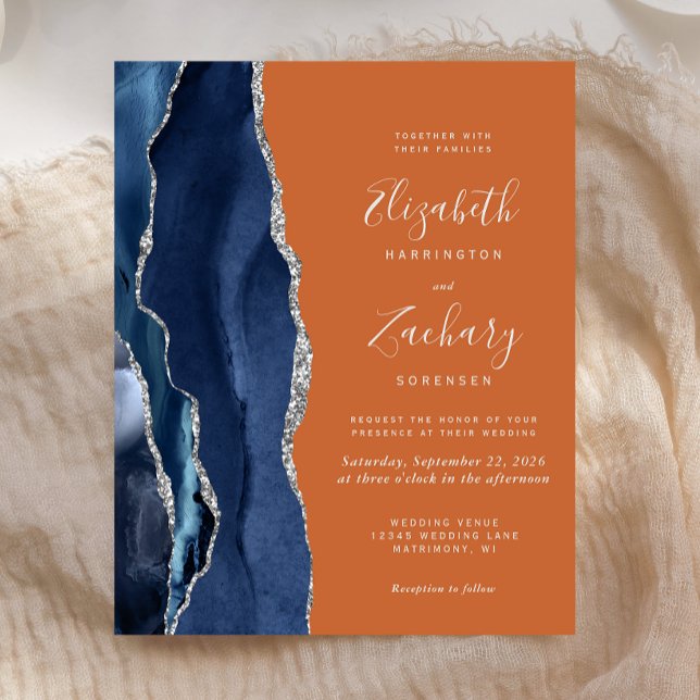 Budget Navy Blue Burnt Orange Wedding Invitation (Criador carregado)