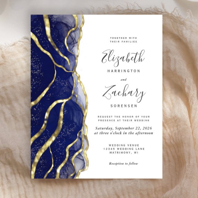 Budget Navy Blue Gold Ink Wedding Invitation (Criador carregado)