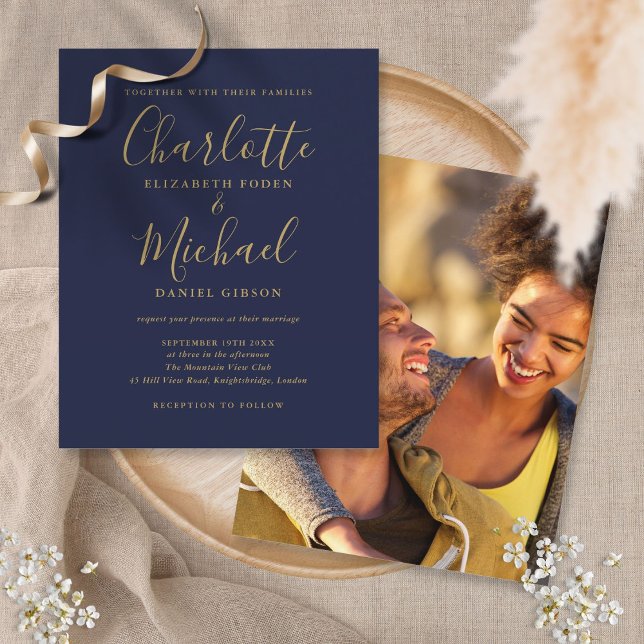 Budget Navy Blue Gold Script Photo Wedding Invite (Criador carregado)