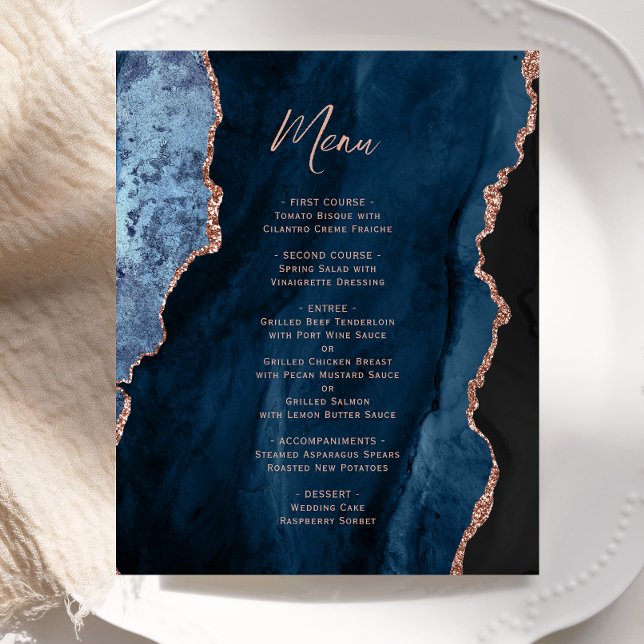 Budget Navy Blue Rose Gold Agate Wedding Menu (Criador carregado)