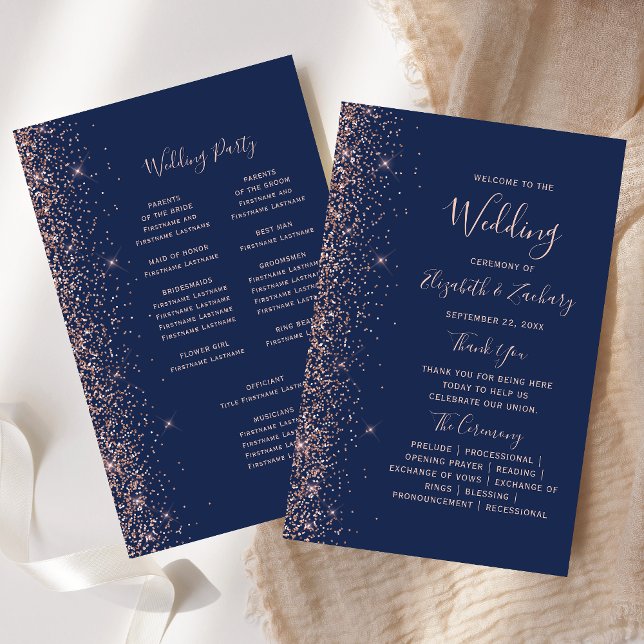Budget Navy Blue Rose Gold Glitter Wedding Program (Criador carregado)