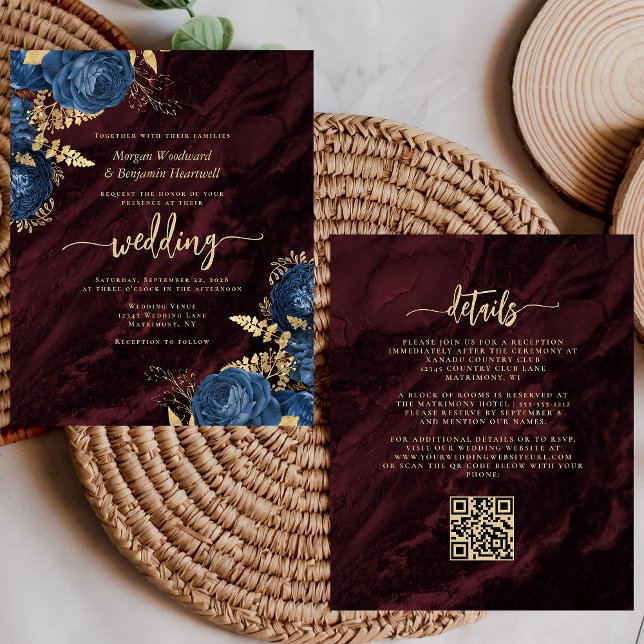 Budget Navy Gold Floral Burgundy QR Code Wedding (Criador carregado)