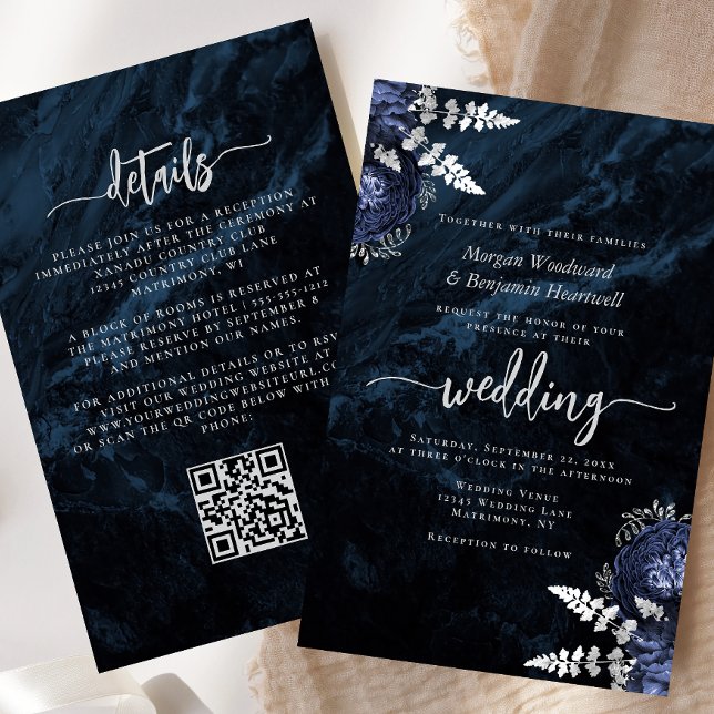 Budget Navy Silver Floral QR Code Wedding Invite (Criador carregado)