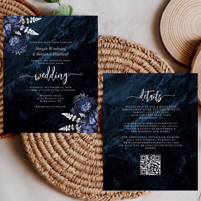 Budget Navy Silver Floral QR Code Wedding Invite (Criador carregado)