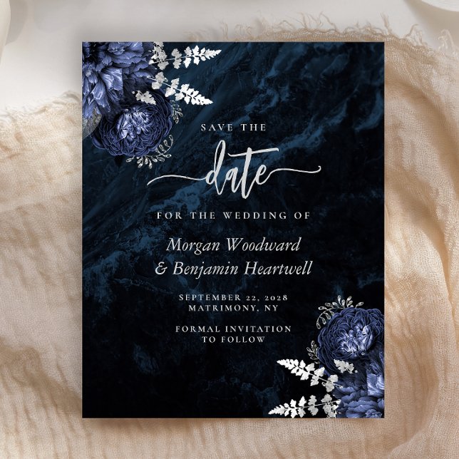 Budget Navy Silver Floral Wedding Save the Date (Criador carregado)