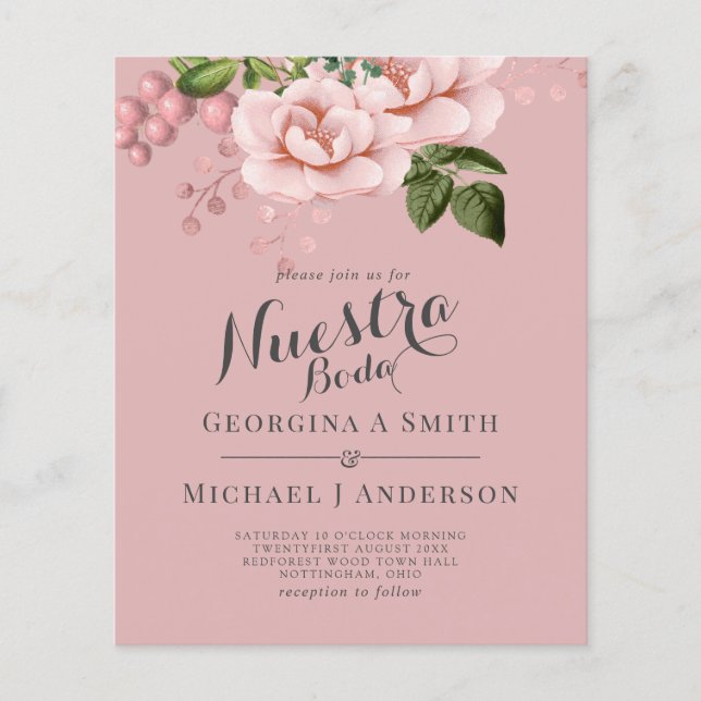 BUDGET Nuestra Boda Invitación - Rosas Rosa Escamo (Frente)