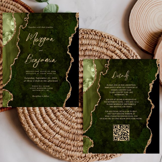 Budget Olive Green Agate Script QR Code Wedding (Criador carregado)