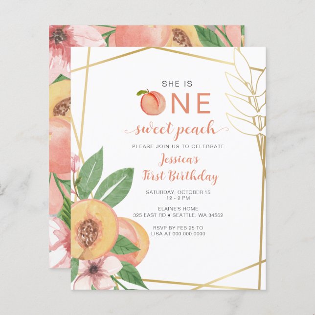 Budget One Sweet Peach First Birthday photo Invite (Frente/Verso)