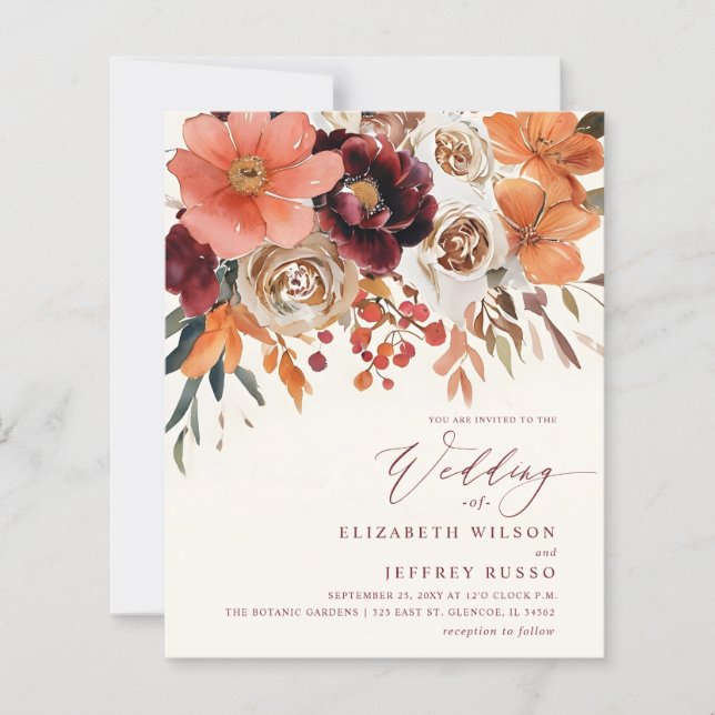 Budget Orange Floral Fall Wedding Invitation (Frente)