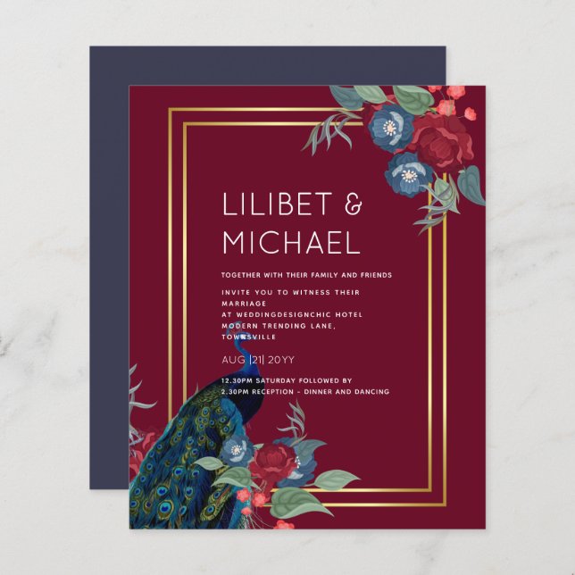 BUDGET Peacock Blue Burgundy Casamento outono (Frente/Verso)