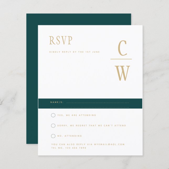 BUDGET Peacock TEAL Dourado Casamento Verde RSVP (Frente/Verso)