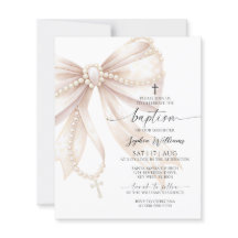 Budget Pearl Rosary Bow Baptism Invitation